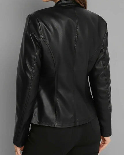 Fitted Leather Biker Jacket with Stand Collar and Panel Seams