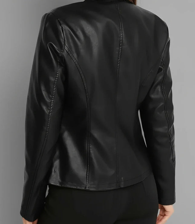 Fitted Leather Biker Jacket with Stand Collar and Panel Seams