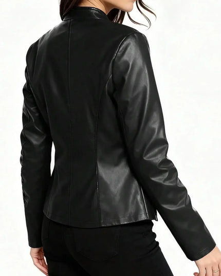 Fitted Leather Biker Jacket with Stand Collar and Panel Seams