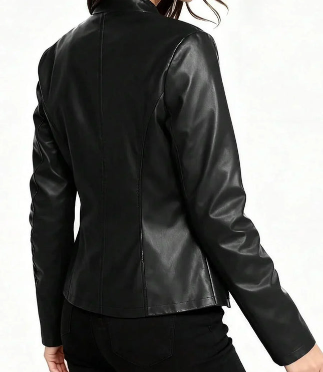 Fitted Leather Biker Jacket with Stand Collar and Panel Seams