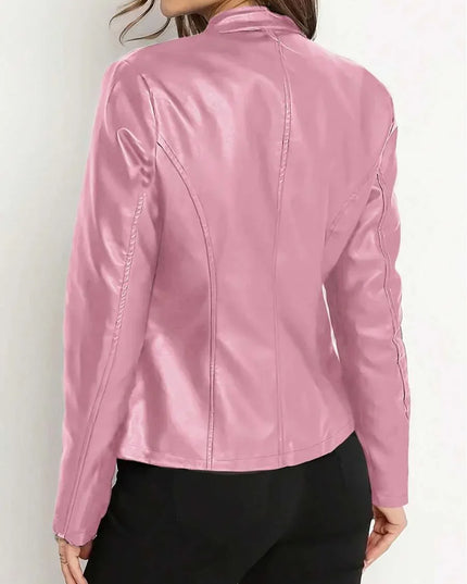 Fitted Leather Biker Jacket with Stand Collar and Panel Seams