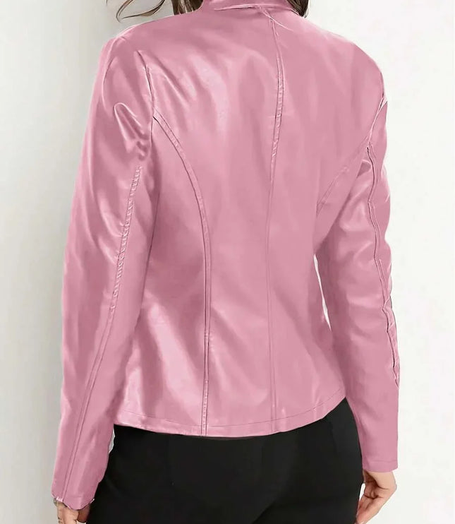 Fitted Leather Biker Jacket with Stand Collar and Panel Seams