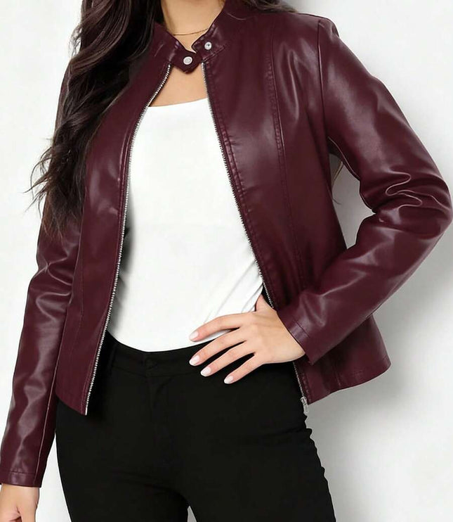 Fitted Leather Biker Jacket with Stand Collar and Panel Seams