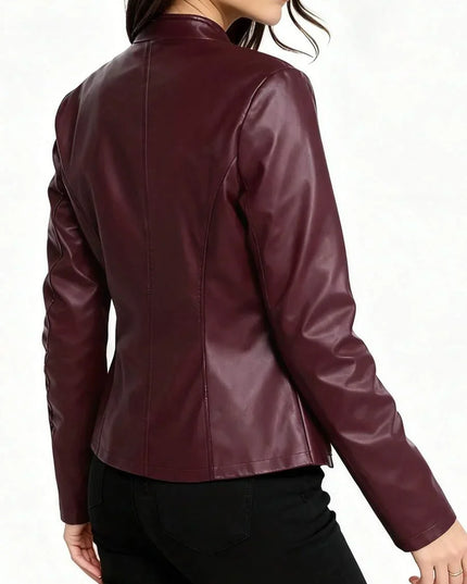Fitted Leather Biker Jacket with Stand Collar and Panel Seams