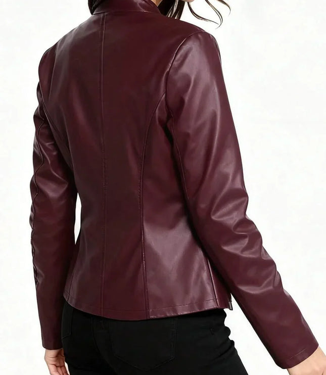 Fitted Leather Biker Jacket with Stand Collar and Panel Seams