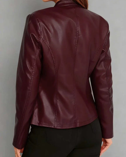 Fitted Leather Biker Jacket with Stand Collar and Panel Seams