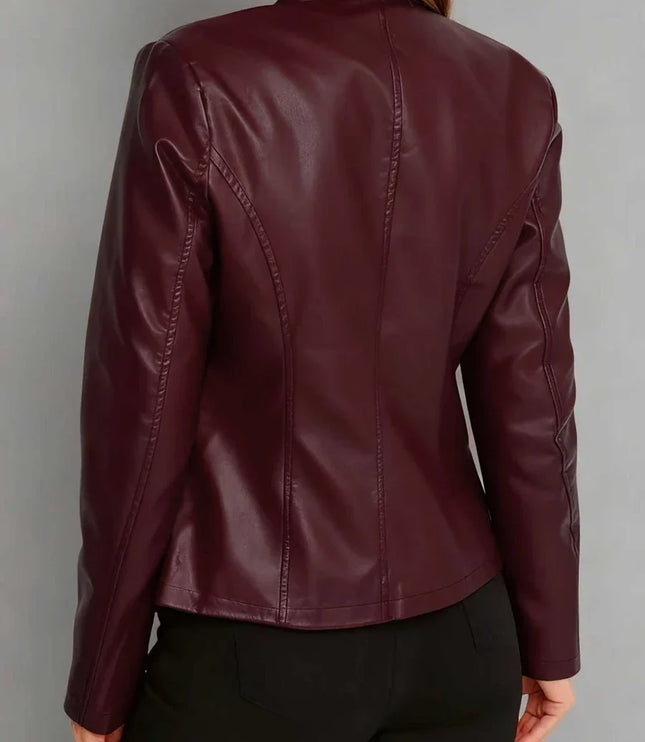Fitted Leather Biker Jacket with Stand Collar and Panel Seams