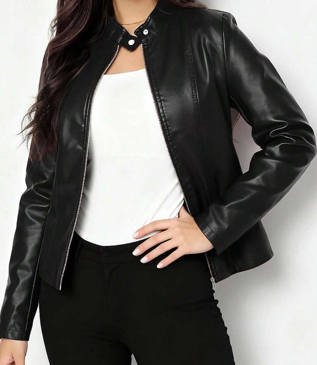 Fitted Leather Biker Jacket with Stand Collar and Panel Seams
