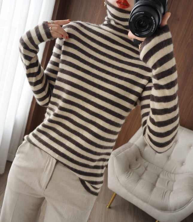 Women's Fitted Striped Knitwear Jumper with Roll Neck