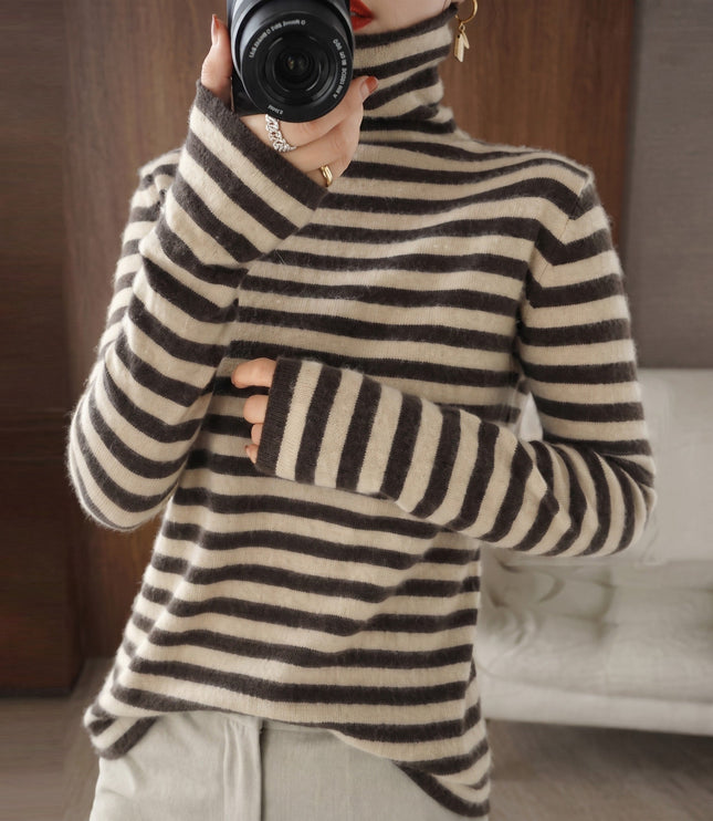 Women's Fitted Striped Knitwear Jumper with Roll Neck