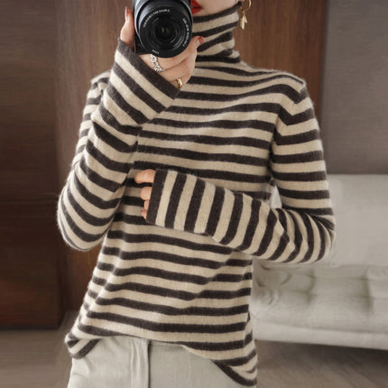 Women's Fitted Striped Knitwear Jumper with Roll Neck