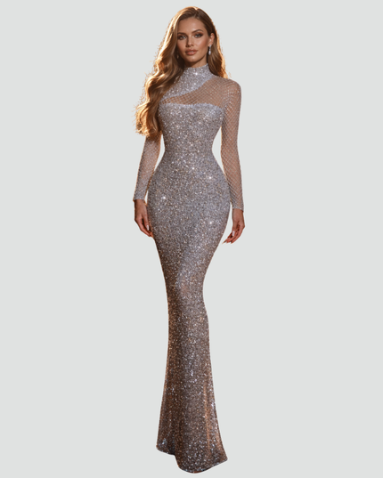 Women's Flared Maxi Sheer-Yoke Party Dress
