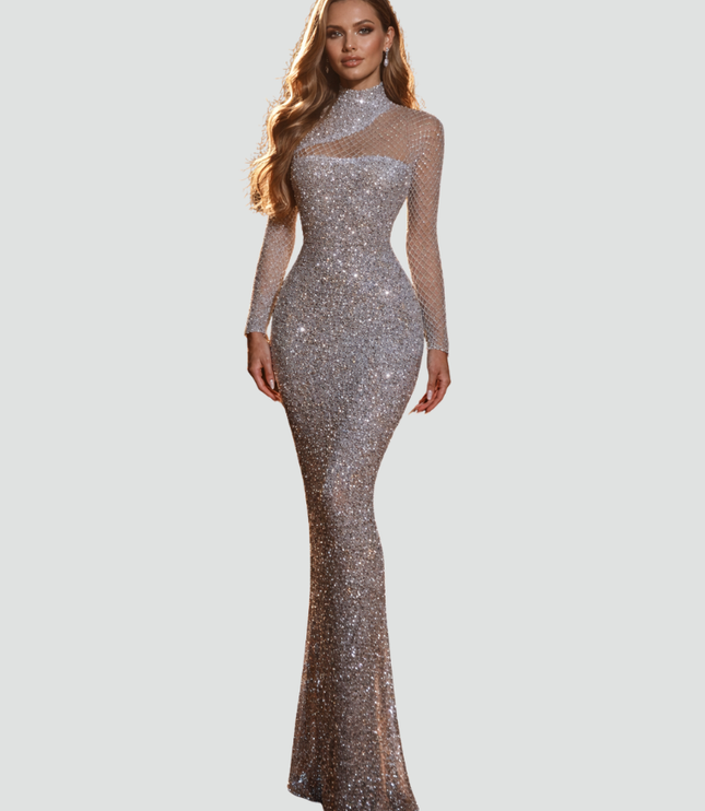 Women's Flared Maxi Sheer-Yoke Party Dress