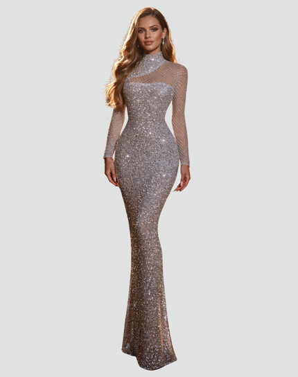 Women's Flared Maxi Sheer-Yoke Party Dress