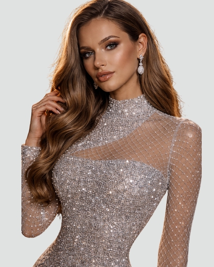 Women's Flared Maxi Sheer-Yoke Party Dress