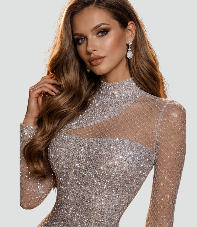 Women's Flared Maxi Sheer-Yoke Party Dress