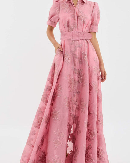 Front view of pink floral maxi dress with short sleeves and fitted belted waist