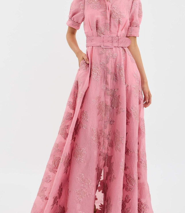 Front view of pink floral maxi dress with short sleeves and fitted belted waist