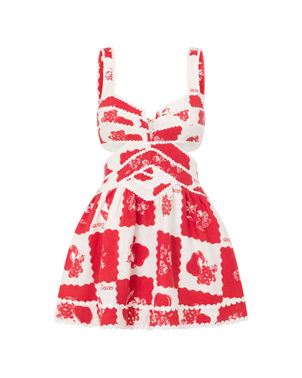 Flat lay front of red and white floral mini dress with pearl trim details