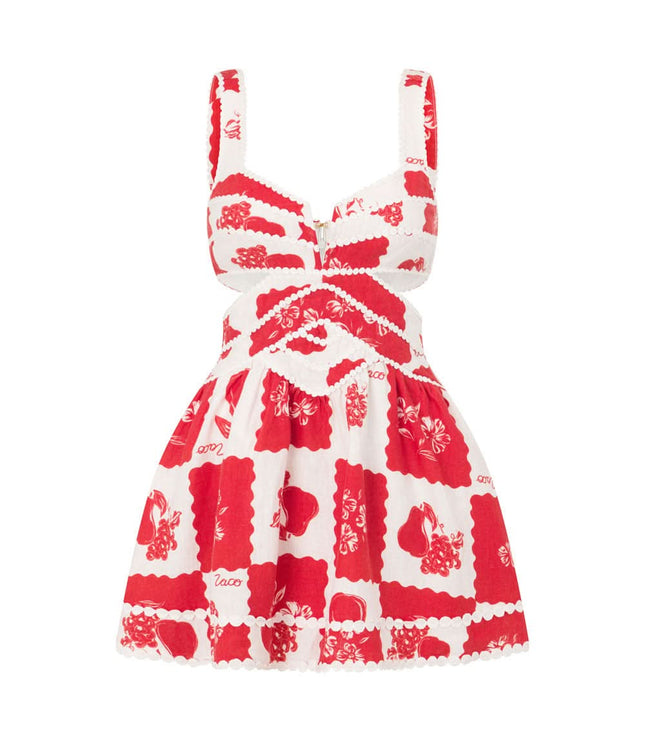 Flat lay front of red and white floral mini dress with pearl trim details