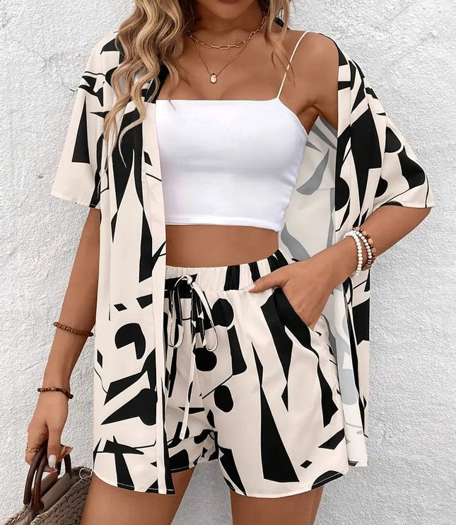 Black and cream geometric print open front kimono with matching shorts set