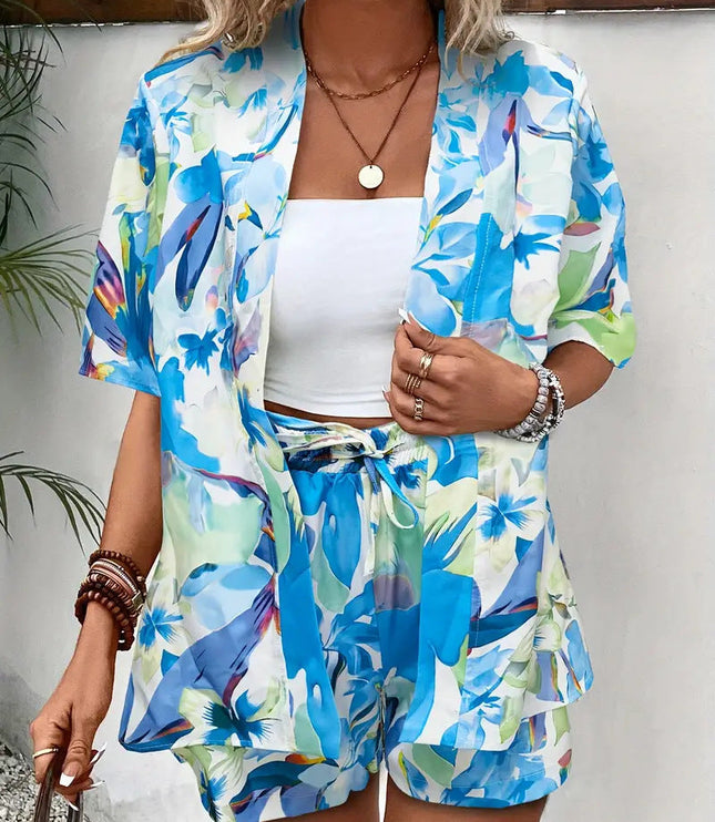 Blue and green floral kimono top with coordinating printed shorts set