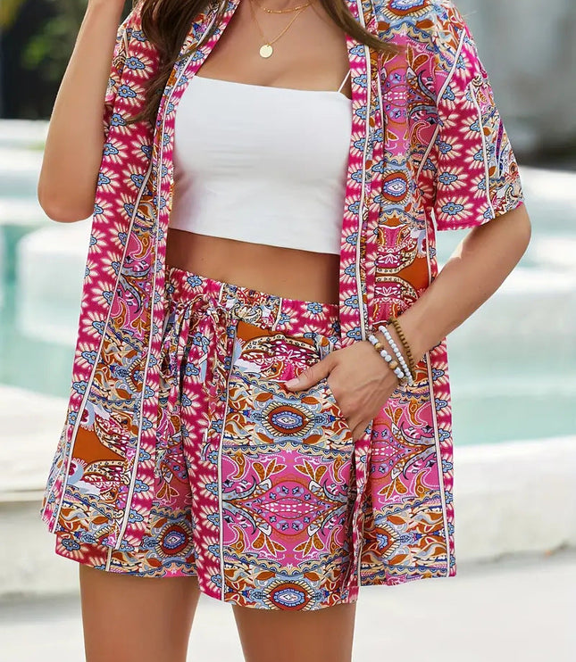 Magenta paisley floral kimono with matching shorts