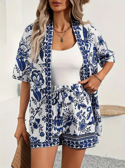 Navy blue floral damask kimono cardigan with drawstring shorts