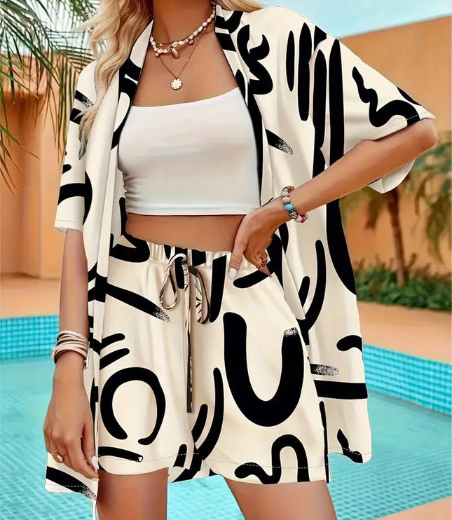 Cream abstract geometric open front kimono shorts set