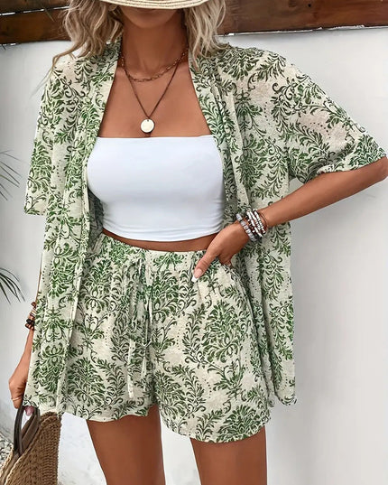 Sage green damask print kimono with coordinating shorts
