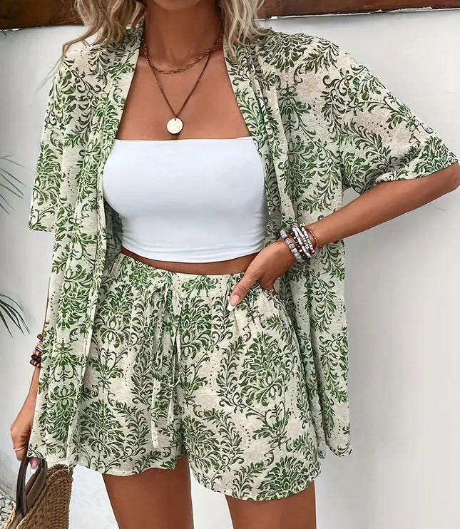Sage green damask print kimono with coordinating shorts