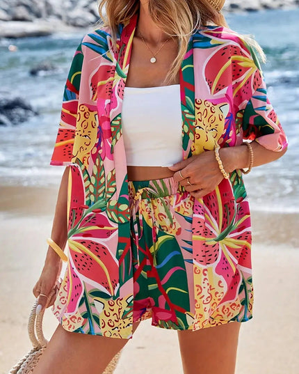 Multicolor tropical fruit print kimono shorts beach set