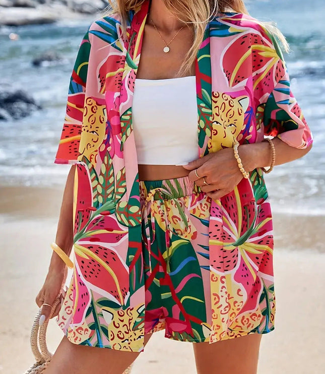 Multicolor tropical fruit print kimono shorts beach set