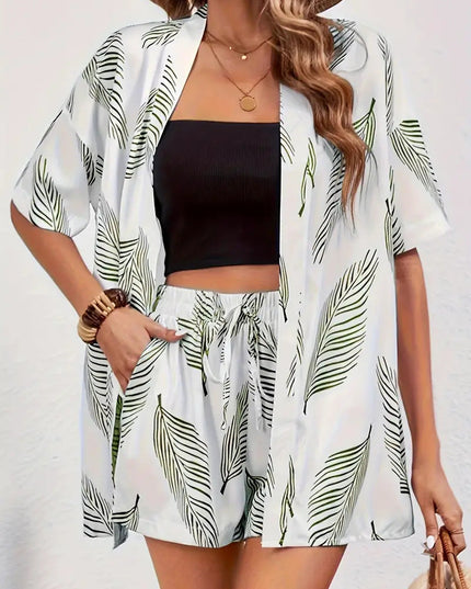 White palm leaf print kimono shorts summer set
