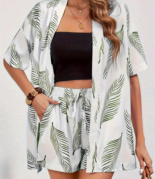 White palm leaf print kimono shorts summer set