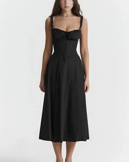 Black midi dress with ruched bust, fitted waist, and sleeveless straps