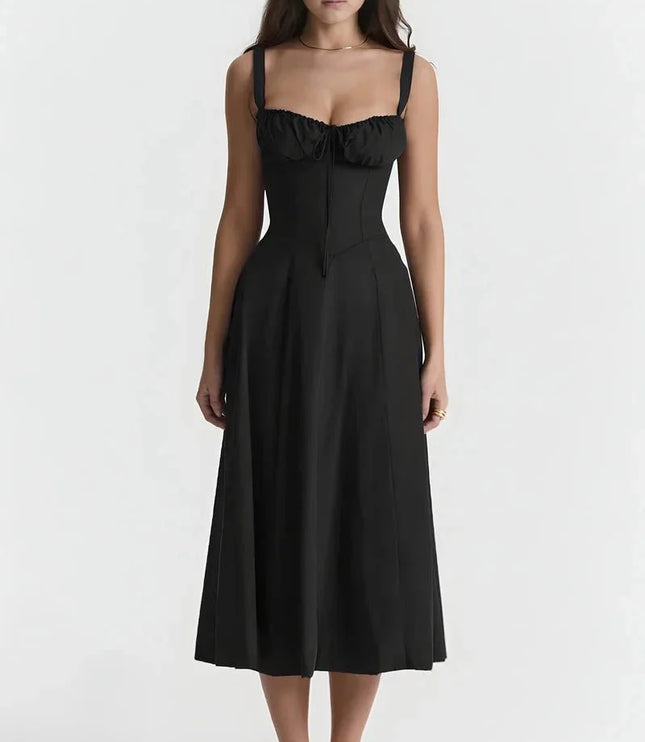 Black midi dress with ruched bust, fitted waist, and sleeveless straps