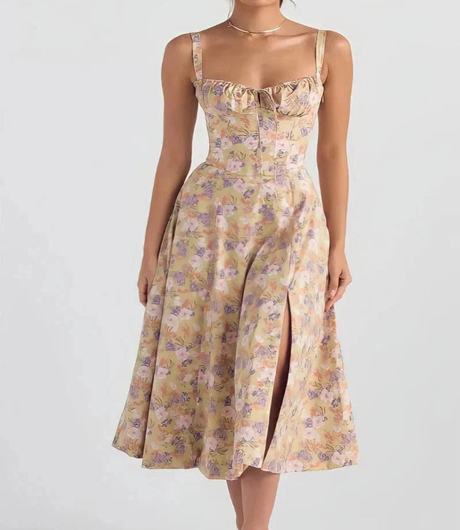 Yellow floral midi dress with square neckline, wide straps, and front slit for a summer dress style