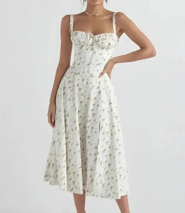 Front view of white floral midi dress with fitted bodice and wide skirt