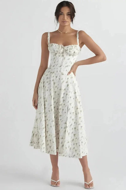 Front view of white floral midi dress with fitted bodice and wide skirt