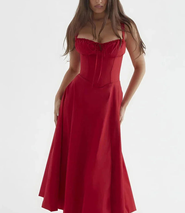 Red midi dress with ruched bust, corset-style waist, and flowing skirt