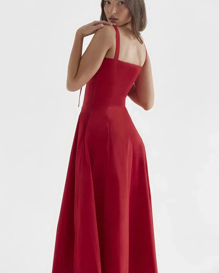 Back view of red midi dress with square back and shoulder straps