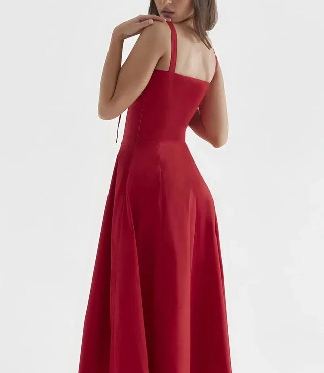Back view of red midi dress with square back and shoulder straps
