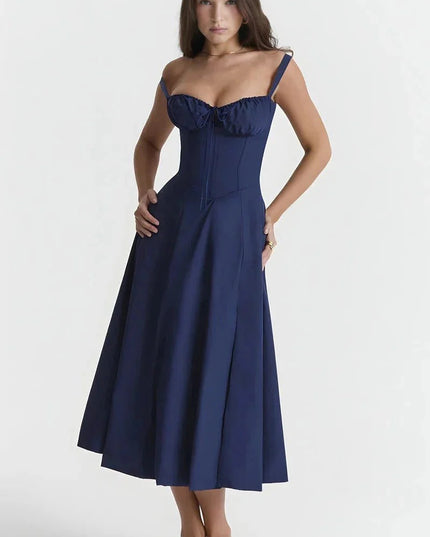 Navy blue midi dress with ruched bust, corset waist, and flared skirt