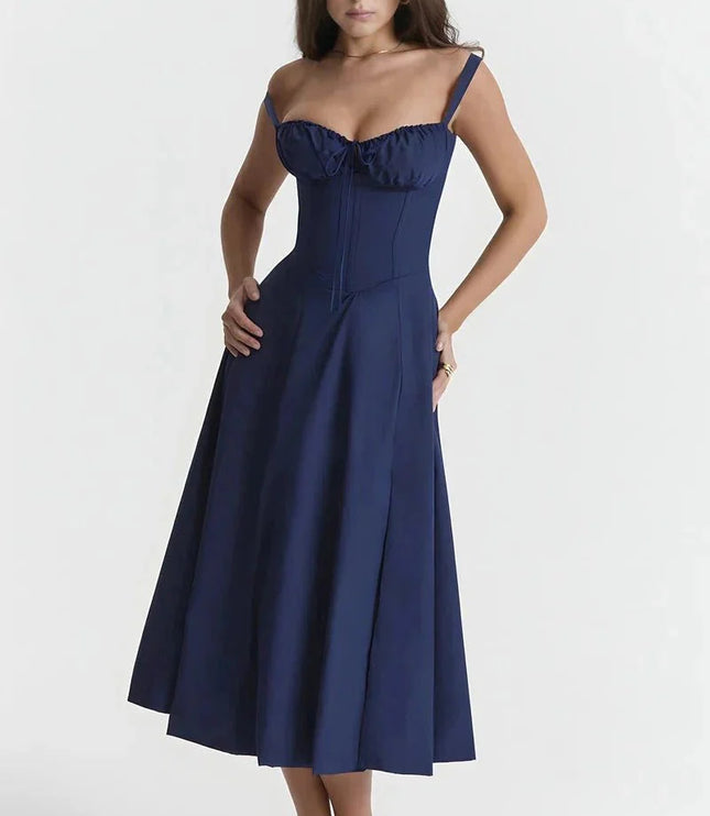 Navy blue midi dress with ruched bust, corset waist, and flared skirt