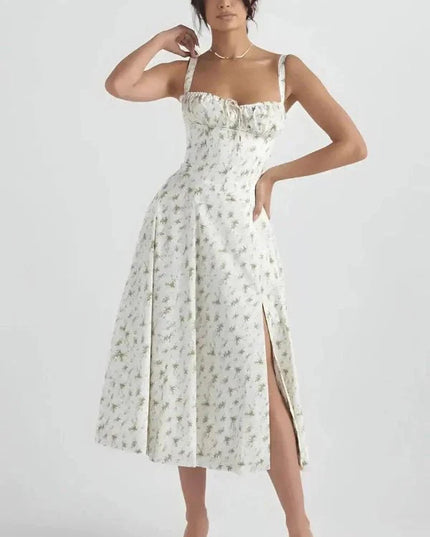 White floral midi dress with square neckline, wide straps, and front slit