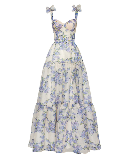 Full-length blue floral maxi sundress with sweetheart bodice and tiered skirt detail