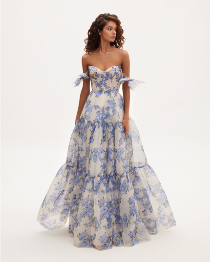Blue floral off-shoulder sweetheart maxi dress with tiered skirt and bow sleeves