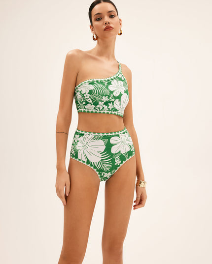 Front view of green floral asymmetric bikini with scalloped edge trim details