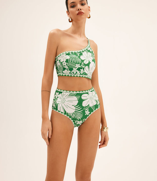 Front view of green floral asymmetric bikini with scalloped edge trim details
